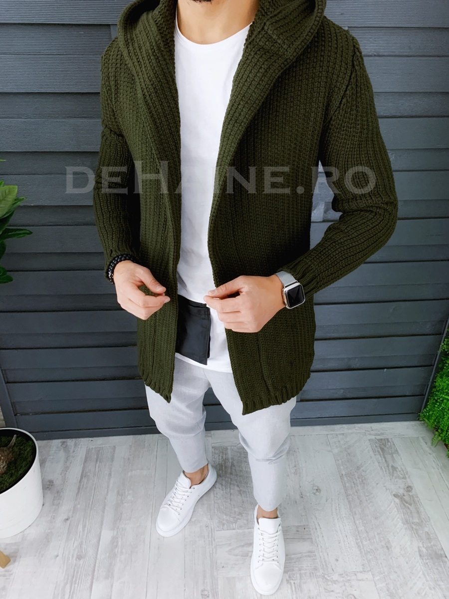 Cardigan barbati kaki cu gluga slim fit zr t3516 90-1/ u